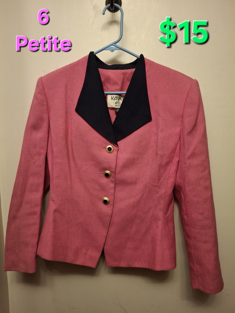 Kasper Coral Pink Blazer with Black Notch Collar